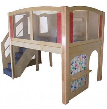 Strictly For Kids Mainstream Explorer 25 Preschool Wave Loft with Recessed Steps on the Left, Beige Carpeting (shown with Blue), 11' wide x 6'6'' deep x 94'' high, 52''h platform - sf5025_expl25loftleftbl-360x365.jpg